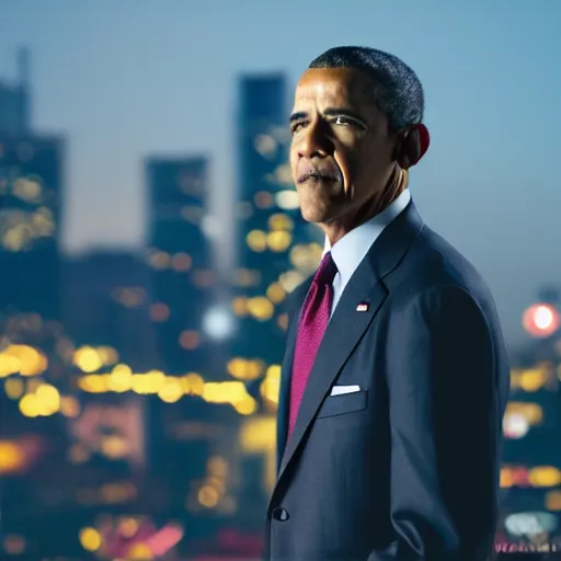 Image similar to a still of Barak Obama. Shallow depth of field. City at night in background, lights, colors ,studio lighting, mood, 4K. Profession photography