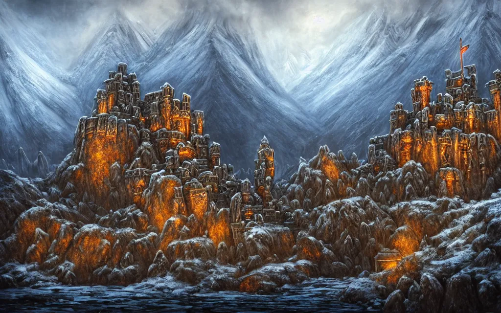 Prompt: an epic fantasy matte oil landscape painting of a dwarven fortress at the edge of a snowy mountain, covered in runes, surrounded by rivers, square chiseled details, big anvils, deep halls, torches, waterwheels, ornate vibrant gems, extremely detailed, clear, crisp, sharp focus, 4 k, 8 k