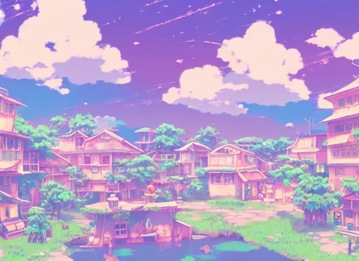 Image similar to 8k digital illustration depicting a quaint anime village in lofi Vaporwave aesthetic with serene pastel color scheme, inspired by studio ghibli, Artstation, CGsociety, zbrushcentral