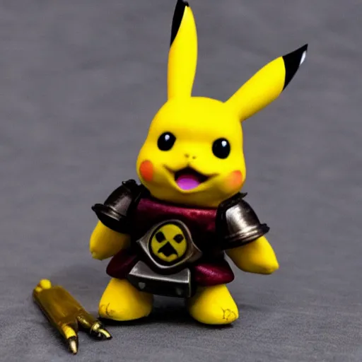 Image similar to photograph of tabletop mini of pikachu in warhammer 4 0 k armor, 8 k