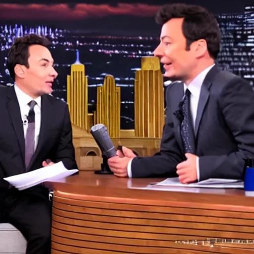 Image similar to cinematic shot of julius caesar being interviewed by jimmy fallon on an episode of the tonight show, 8 k, very detailed, very intricate,