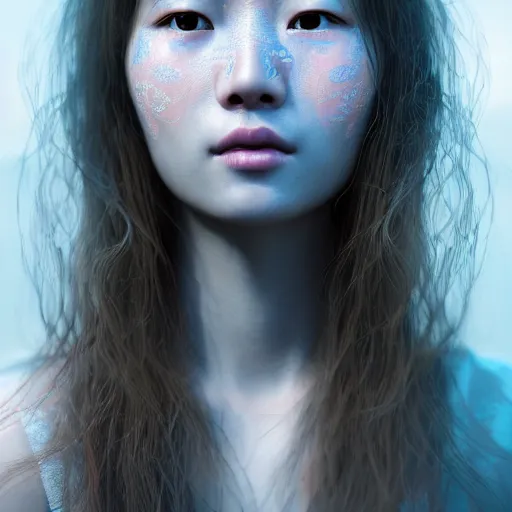 Image similar to intricate highly detailed face portrait of asian - european woman, light blue - pink water vines on her face, intricate, cgsociety, unreal engine, octane render, sharp focus, smooth, volumetric lighting, cinematic composition, artstation