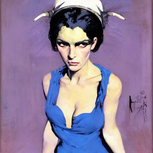 Image similar to Portrait frontal d'une femme chauve ricanante avec des cornes et des yeux bleus glacés, par Robert McGinnis.