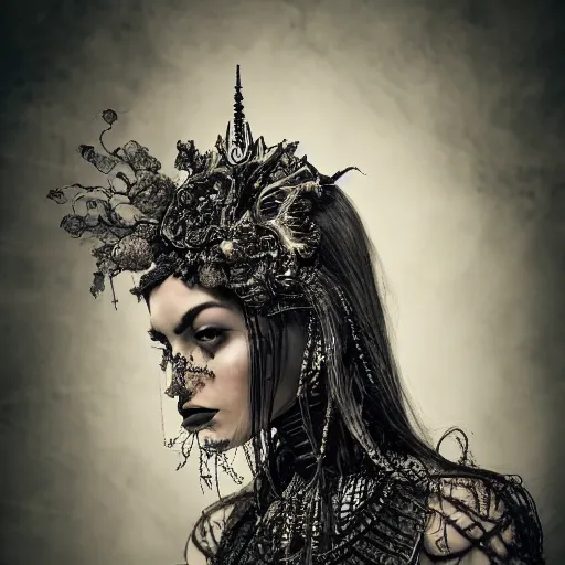 Image similar to a portrait of female model by stefan geselle and nekro borja, photorealistic, intricate details, hyper realistic, dark fantasy, ornate headpiece, photorealistic, canon r 3, photography, wide shot, photography