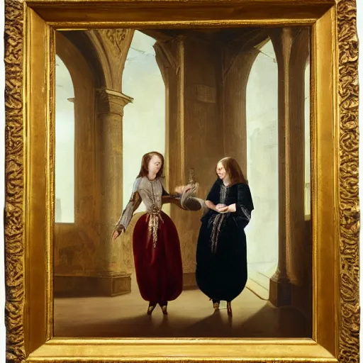 Image similar to fine art, oil on canvas. two women in a vast castle lobby wearing fine clothes, two are women talking close to the windows far from the first two. dark room with light coming through the right side of the place. baroque style 1 6 5 6. high quality recreation of illumination shadows and colors, no distortion on subject faces.