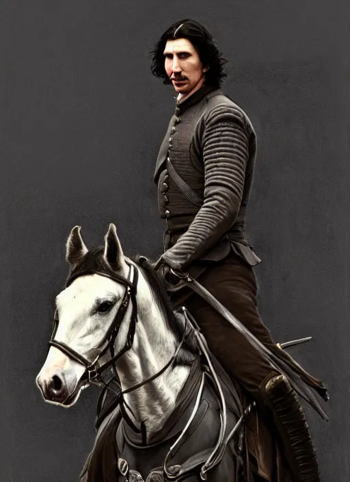 Prompt: painting of adam driver and john oliver, riding horse, stoic, full body, military uniform, fantasy, intricate, elegant, beautiful, highly detailed, charcoal, centered, dark, smokey, digital painting, artstation, concept art, smooth, sharp focus, illustration, art by artgerm and greg rutkowski and alphonse mucha