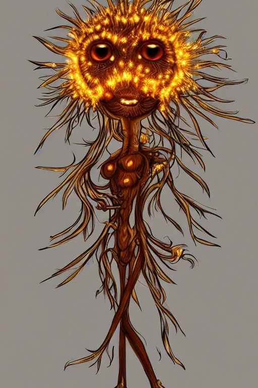 Image similar to a humanoid figure dandelion plant monster, amber eyes, highly detailed, digital art, sharp focus, ambient glow, trending on art station, anime art style