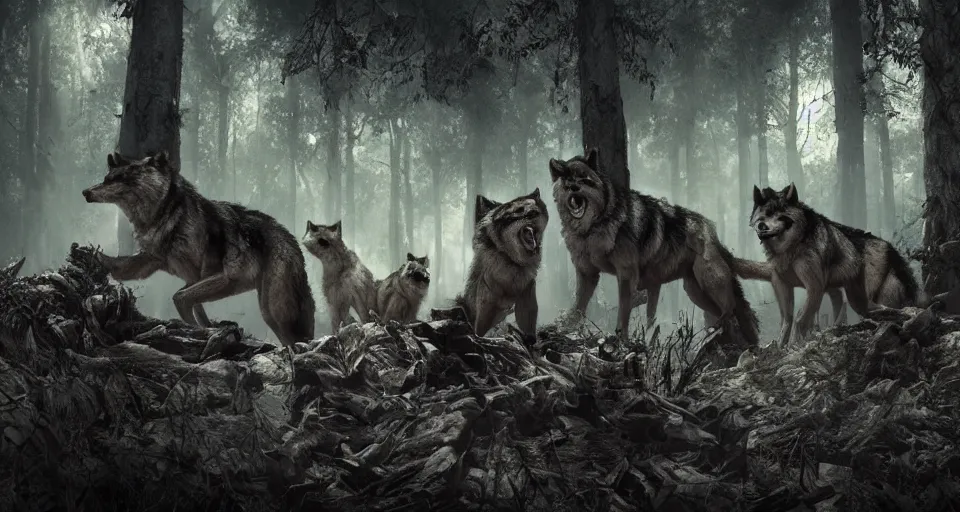 Prompt: an epic action concept masterpiece of a rabid wolfpack, in a forest made of nightmares, horrific digital art, extremely moody lighting, style of chippy