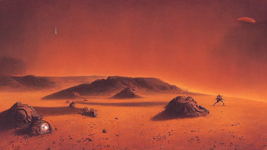 Prompt: emissary space by arthur haas and bruce pennington and john schoenherr, cinematic matte painting, photo realism, dark color palate, desert mars