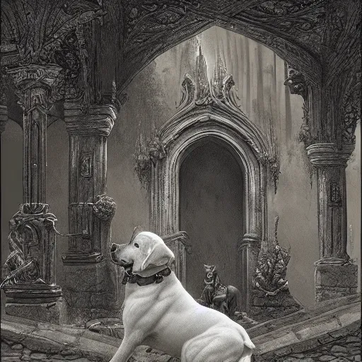 Image similar to dog with a blog, artstation, tolkien, highly detailed matte painting, gustave dore, victorian painting