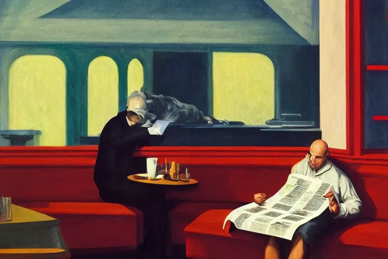 Prompt: the monster from the thing reading a newspaper at a cafe. a waiter is pouring coffee. painting by edward hopper, 3 d rendering by beeple, 8 k, comfy bennings - thing