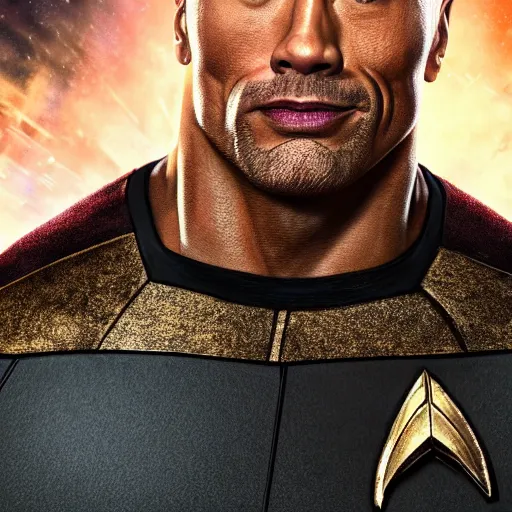 Prompt: a full body portrait of dwayne johnson as a star fleet officer from star trek next generation, ultra rendered extreme realism and detail, 8 k, highly detailed, realistic, completely framed, hyper realistic, colorful, direct lighting, 3 5 mm photo, photorealistic, sharp focus