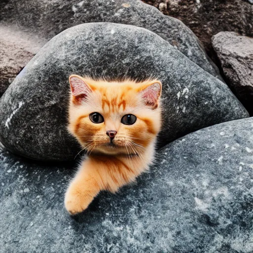 Image similar to cute cat with a dog body purring in front of a large rock, 8 k