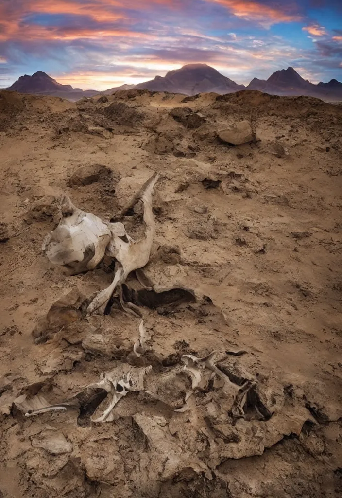 Prompt: amazing landscape photo of the Namib landscape with mountains in the distance and an Oryx skull on the rocks in the foreground by marc adamus, beautiful dramatic lighting, 16mm wide angle lens