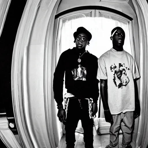 Prompt: A photo of ASAP Rocky and Tyler The Creator in a Victorian mansion, 8K concept art, vintage camera, shot on Kodak Ektar, fish eye lens, color splash