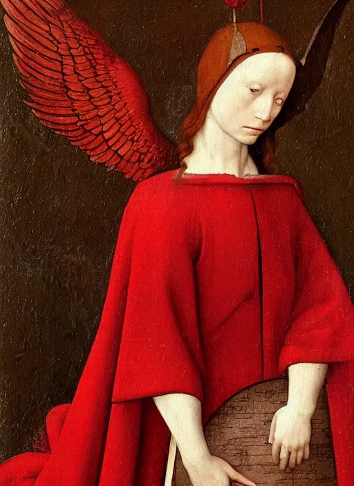 Image similar to fallen angel dressed in red with wings by Jan van Eyck, Hieronymus Bosch, Johannes Vermeer 4k post-processing, highly detailed medieval painting