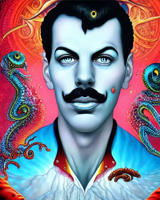 Prompt: lovecraft lovecraftian portrait of freddie mercury, pixar style, by tristan eaton stanley artgerm and tom bagshaw, retro future