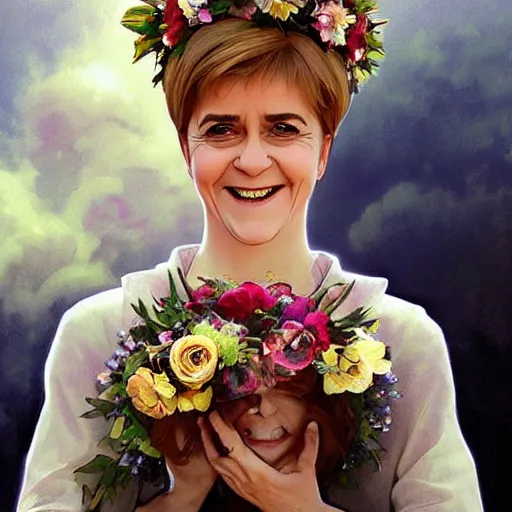 Image similar to nicola sturgeon, happy, with a flower crown. beautiful painting by artgerm and greg rutkowski and alphonse mucha