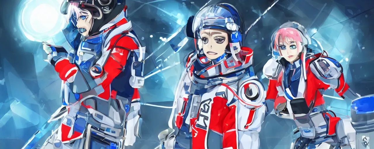 Image similar to a female anime cyberpunk super star ice hockey player, wearing a light futuristic equipment and conceptual space helmet, habs jersey with blue white and red color blocking, character concept exploration, outfit designs, trending on artstation, biggest ice rink in the galaxy