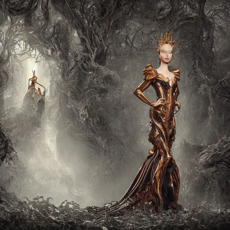 Image similar to octane render portrait by wayne barlow and carlo crivelli and glenn fabry, an evil pixar disney queen wearing an elaborate rococo dress made out of shiny black latex inside a haunted dark and moody fantasy forest, cinema 4 d, ray traced lighting, very short depth of field, bokeh