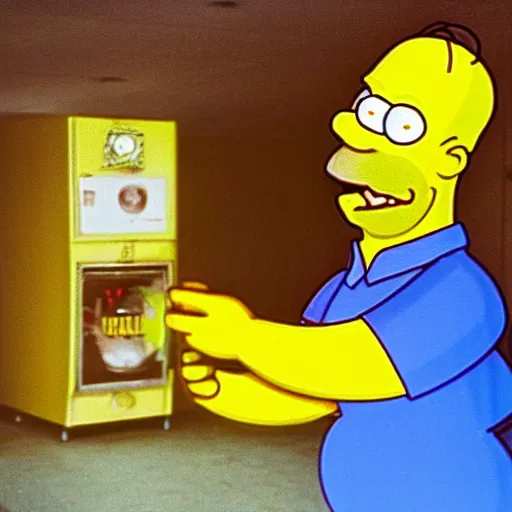 Image similar to a 1970s photo of a man dressed like Homer simpson