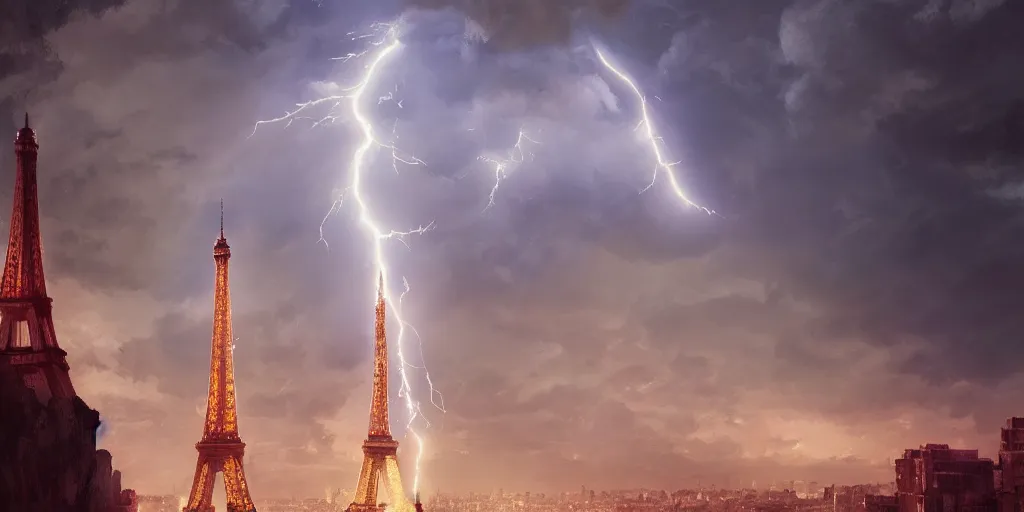 Image similar to lightning striking the Eiffel Tower, detailed oil painting, cinematic angle, hyperrealistic, breathtaking, volumetric lighting, cinematic lighting, dynamic, Studio Ghibli, digital art, octane render, epic composition, trending on artstation, masterpiece