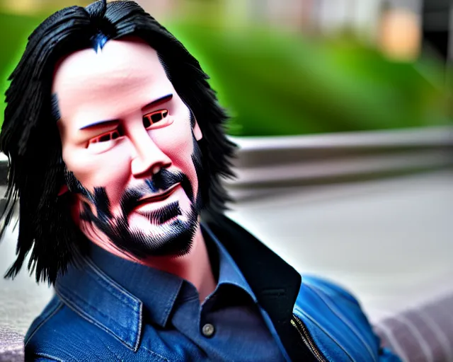 Image similar to 5 5 mm photo of happy keanu reeves in blue jeans and black jacket sitting on a bench in the street. dof. lifelike. ultra detailed. intricate. soft light. nikon d 8 5 0.