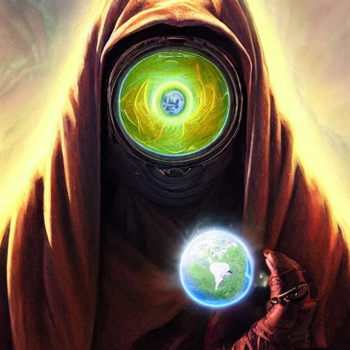 Image similar to masked nomad male wearing a cloak on an alien world and holding a holographic planet projection in his hand, detailed, sci - fi, digital painting, artstation, sharp focus, illustration, ominous, artgerm, tomasz alen kopera, peter mohrbacher, donato giancola, joseph christian leyendecker, wlop, frank frazetta