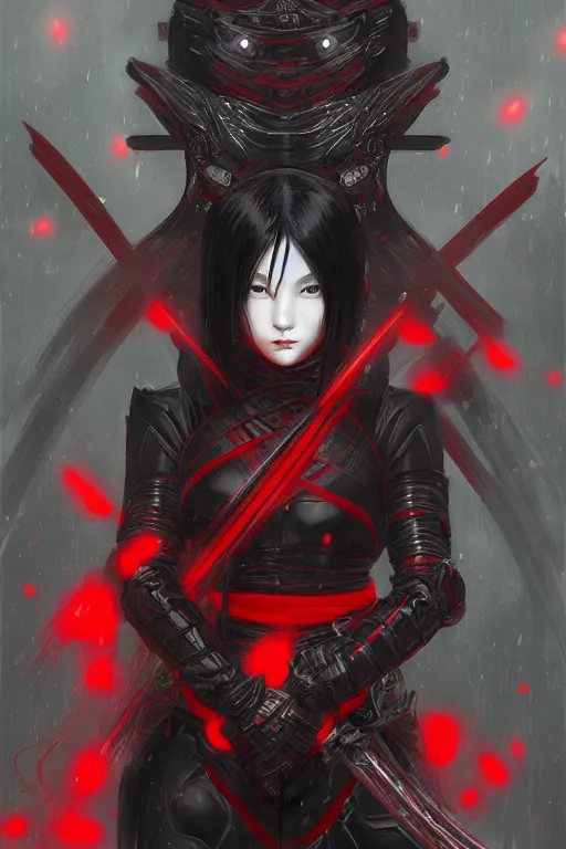 Image similar to portrait Ninja gaiden girl, armored black and red ninja wardrobe, in ruin japanese rainny temple night, ssci-fi and fantasy, intricate and very very beautiful and elegant, highly detailed, digital painting, artstation, concept art, smooth and sharp focus, illustration, art by tian zi and WLOP and alphonse mucha