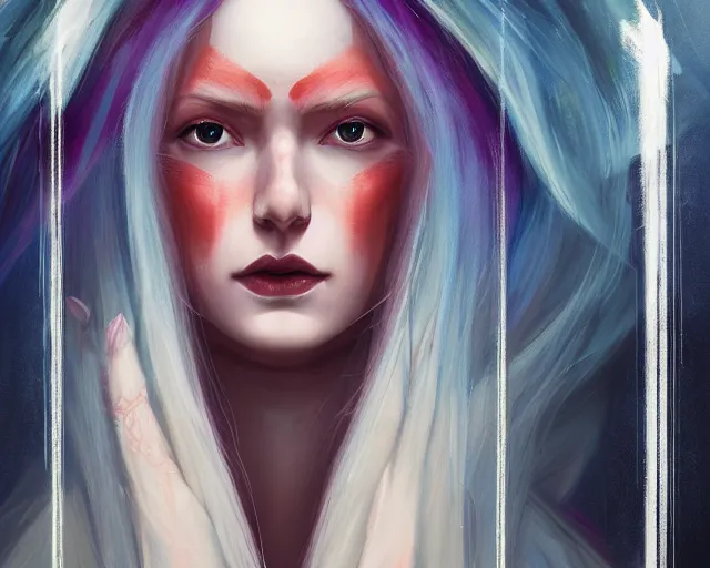 Image similar to A detailed matte oil on canvas head on symmetrical portrait of a distinguished elven woman with red and blue hair on an empty background, by Charlie bowater, Lise Deharme, Wlop, trending on artstationhd, dungeons and dragons art, parted hair , half blue, half red , split dye, critical role