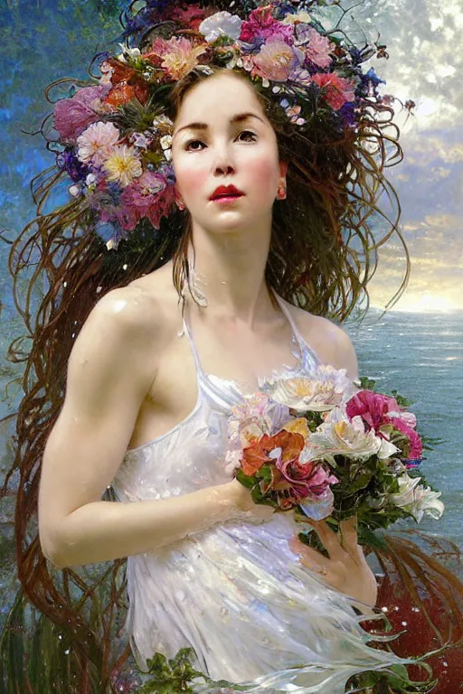 Prompt: portrait of a beautiful woman wearing a white dress, holding a bouquet of flowing flowers, drenched body, silver hair, wet dripping hair, emerging from the water, dark fantasy, regal, fractal crystal, fractal gems, by stanley artgerm lau, thomas kindkade, alphonse mucha, loish, norman rockwell