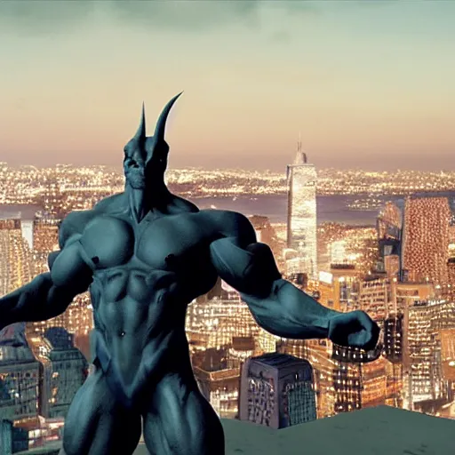 Image similar to a still from the live action film based on the 9 0 s series gargoyles, featuring the hero goliath, posed on top of a building at night, urban, full moon, skyline, new york city, highly detailed, live action cg render