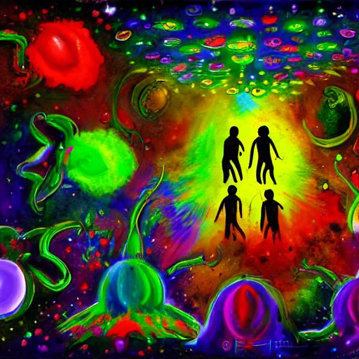 Prompt: aliens and humans playing holi, digital art