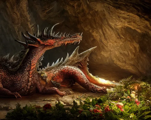 Image similar to Giant Dragon resting in a cave, natural light, dead plants and flowers, elegant, intricate, fantasy, atmospheric lighting, by Peter Morhbacher, HD, highly detailed, 8k