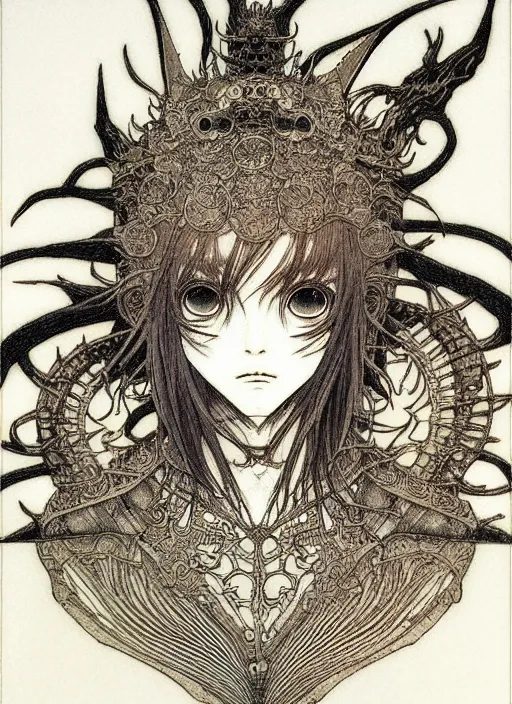 Prompt: prompt: Fragile looking vessel portrait soft light drawn by Takato Yamamoto, inspired by Fables, ancient dragon knight armor, magical and alchemical objects on the side, soft light, white background, intricate detail, intricate oil painting detail, sharp high detail, manga and anime 2000