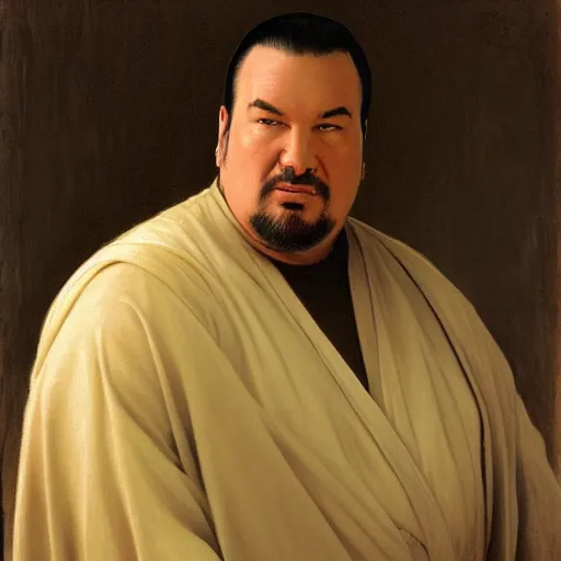 Image similar to Painting of obese Steven Seagal as Obi-Wan Kenobi. Art by william adolphe bouguereau. During golden hour. Extremely detailed. Beautiful. 4K. Award winning.
