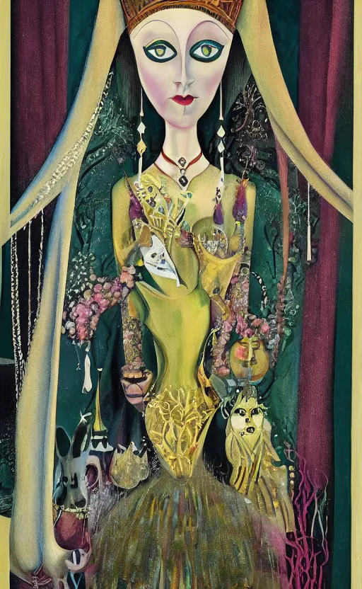 Prompt: a Hungarian portrait of a Queen, by Marcel Jankowicz, by Kay Nielsen, by Mary Blair, by Georgia o Keeffe, trending on artstation , winner,dark fantasy, tonalism