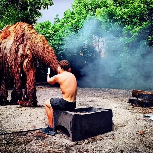 Prompt: “color photo of a Neanderthal with no cloth man taking an iPhone photo of a rusted mammoth on the grill, National Geographic , anthropology photo”