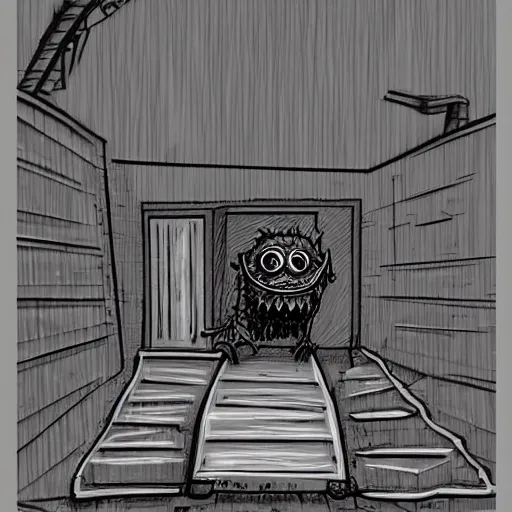 Image similar to A Trevor Hendorson styled monster hiding behind a dumpster in a dark alley with a power line running through it. Grainy, muted colors, hyper detailed, dark, dreary.