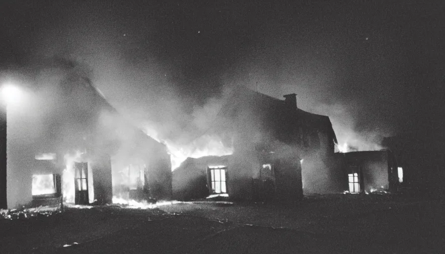 Image similar to 1 9 7 0 s movie still of a heavy burning house windows in a small french village by night, cinestill 8 0 0 t 3 5 mm, heavy grain, high quality, high detail, dramatic light, anamorphic, flares