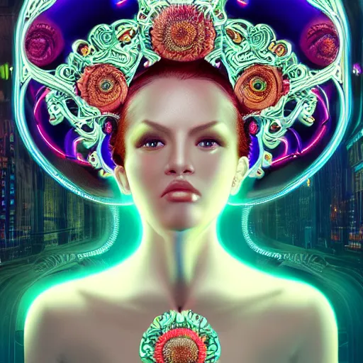 Prompt: very beautiful woman integrating with technology, full face frontal centered, portrait, insipiring, detailed intricate ornate cables connected to head, big open electric eyes, luxurious detailed abundent wiring and implants, diamonds, sci - fi, neon, emeralds, detailed technology full background with cyber flowers, highly detailed, artstation, cgsociety, 8 k rene lalique and eddie mendoza