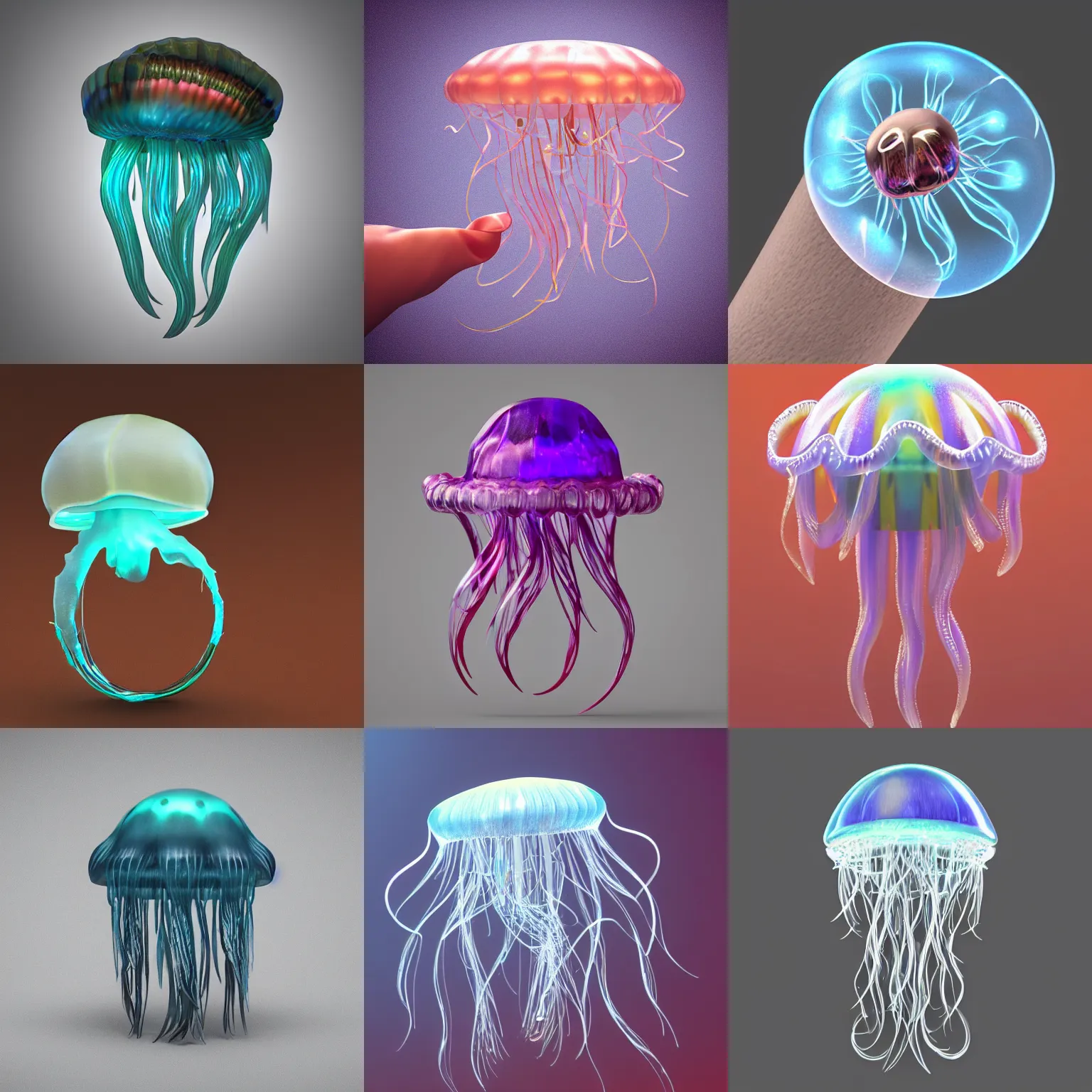 Prompt: a fancy jellyfish ring in finger, show it, real, fashionable, funny, y 2 k style, c 4 d, octane render, by david eichenberg