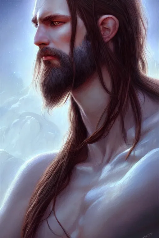 Prompt: Nearthendahl man angels, primitive facial features, fantasy, long hair, highly detailed, digital painting, artstation, concept art, smooth, sharp focus, illustration, art by artgerm and manara