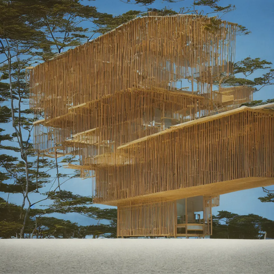 Prompt: architecture ad for a mid-century modern house on the beach, designed by Kengo Kuma. Film grain, cinematic, yellow hue