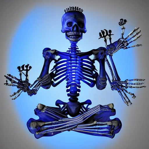 Prompt: skeleton with six arms meditating underneath a glowing orb, crown of blue roses, complementary colors, rendered in maya, volumetric lighting