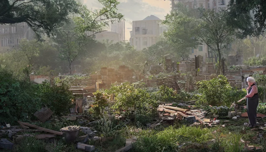 Prompt: old lady working in a craft garden in washington dc's ruins, vegetation, collapsed buildings, debris, cloudy day, volumetric light, hyperdetailed, artstation, cgsociety, 8 k