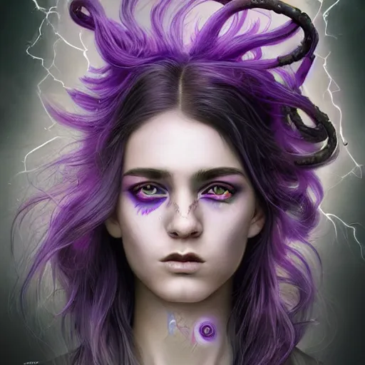 Image similar to detailed photo portrait of a furious teen girl with thin, hair-like purple tentacles on her head and bright purple eyes, 8k,by tristan eaton, Stanley Artgermm,Tom Bagshaw,Greg Rutkowski,Carne Griffiths,trending on DeviantArt, face enhance,hyper detailed ,full of colour, dramatic lightning