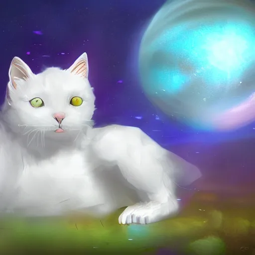 Prompt: concept art, digital art, matte painting, award winning on Artstation. A white cat sitting in a purple garden on an Exoplanet where the sky is full bubbles