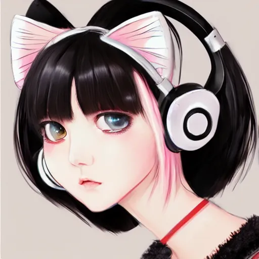 Image similar to realistic beautiful gorgeous natural cute Blackpink Lalisa Manoban black hair cute fur black cat ears, wearing white camisole, headphones, black leather choker artwork drawn full HD 4K highest quality in artstyle by professional artists WLOP, Taejune Kim, Guweiz on Artstation Pixiv