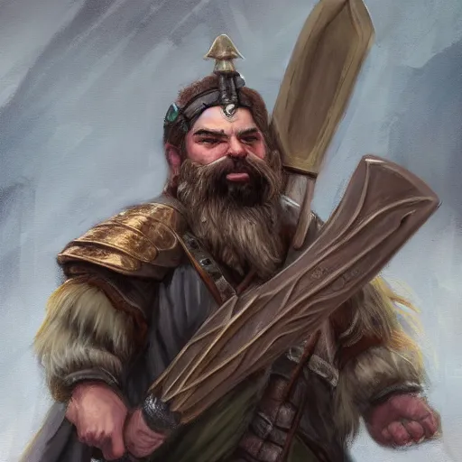 Prompt: High Fantasy whimsical portrait painting of a bearded dwarf holding a battleaxe, waist high, fantasy clothing, cgsociety, trending on artstation, dnd